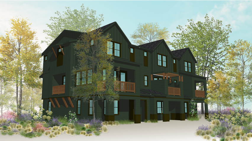 Rendering of a dark green three-story multifamily house with balconies, surrounded by trees and various plants.