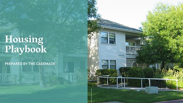Cover of a document titled "Housing Playbook" by The Casemade, featuring an image of a white two-story residential building surrounded by greenery.