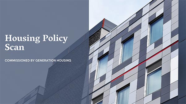 Modern building with a grid-like facade and the text "Housing Policy Scan" on a grey overlay, commissioned by Generation Housing.