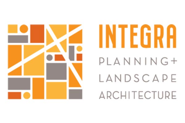 Logo with abstract geometric design in orange, yellow, and gray. Text reads "INTEGRA Planning + Landscape Architecture.