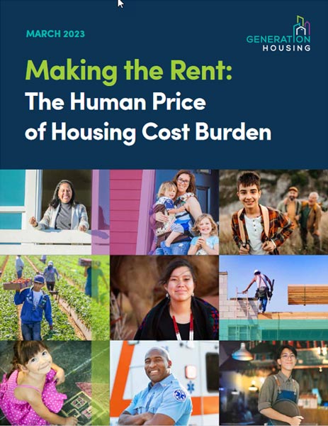 Cover of a report titled "Making the Rent: The Human Price of Housing Cost Burden" with photos of diverse individuals and families engaging in everyday activities.
