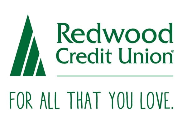 Logo of Redwood Credit Union with the tagline "For all that you love" in green text, featuring a stylized redwood tree design.