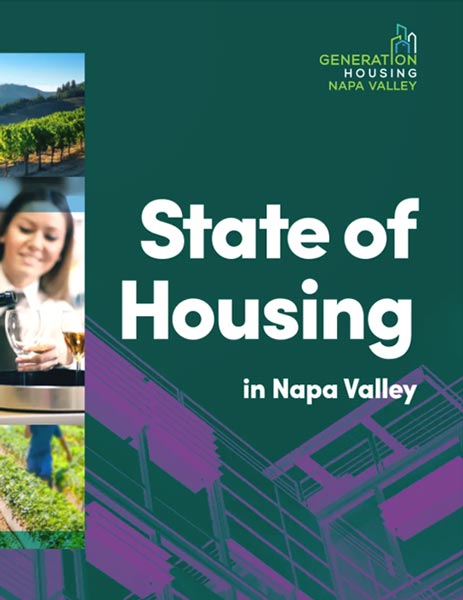 Cover of a report titled "State of Housing in Napa Valley" featuring images of vineyards and individuals.