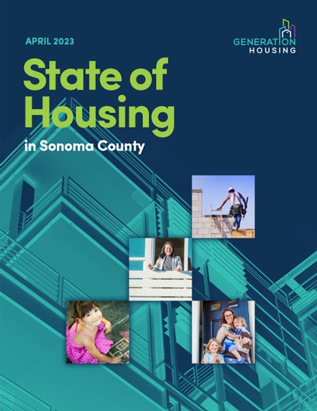Cover of the "State of Housing in Sonoma County" report, April 2023, featuring images of housing construction and families.