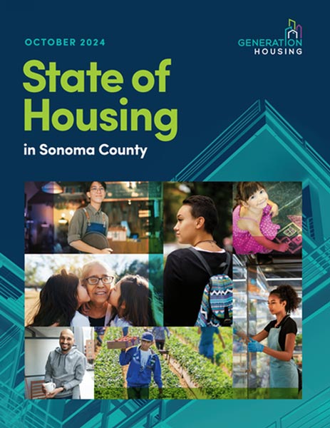 Cover of the "State of Housing in Sonoma County" report, October 2024, featuring a collage of diverse people in various settings, overlaid with text and geometric designs.