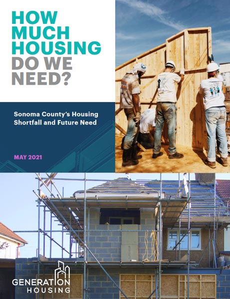Cover of a report titled "How Much Housing Do We Need?" by Generation Housing, featuring construction workers building a house and an already constructed house with scaffolding. Text states it's from May 2021.