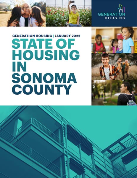 Collage-style cover image for "State of Housing in Sonoma County" report, January 2022, featuring diverse people and a building facade, by Generation Housing.