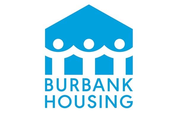 Blue logo of Burbank Housing featuring a stylized house and three figures beneath it.