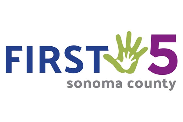 Logo for First 5 Sonoma County, featuring the text "FIRST 5" with a large handprint and a smaller handprint inside it.