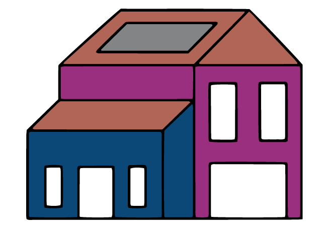 Illustration of a stylized two-story house with a solar panel on the roof, featuring pink and blue sections and large windows.