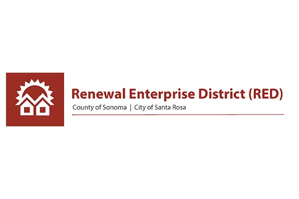 Logo of the Renewal Enterprise District (RED), featuring a stylized house and sun icon, with text indicating it's linked to the County of Sonoma and City of Santa Rosa.