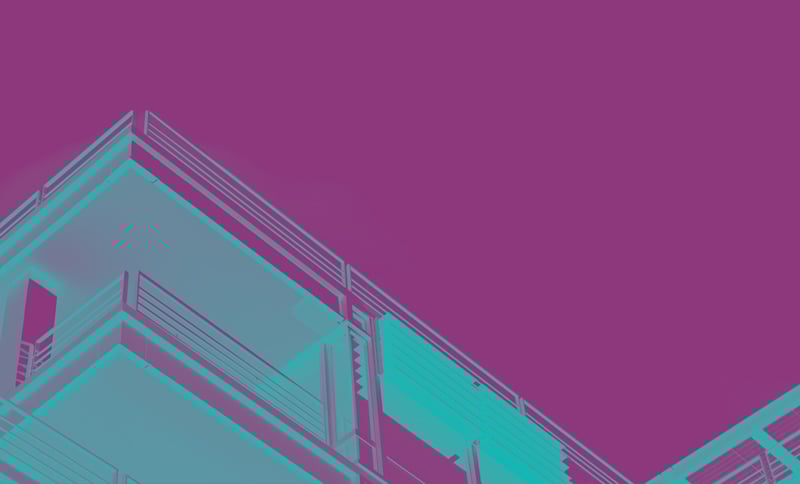 Stylized image of a building's corner with balconies, shown in a high-contrast purple and teal color scheme against a plain background.