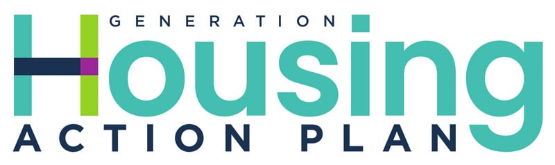 Logo with the text "Generation Housing Action Plan" in large, colorful letters on a white background.