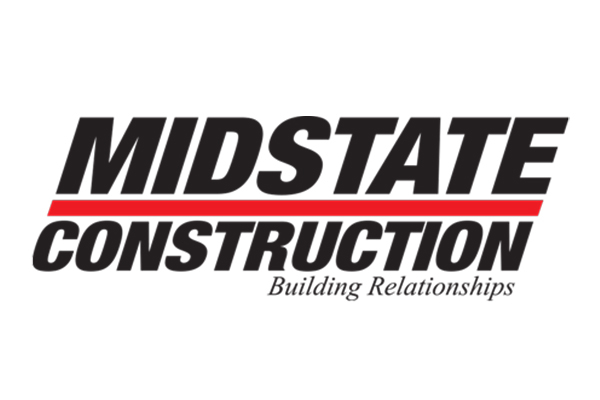 Logo for Midstate Construction featuring bold black and red text with the tagline "Building Relationships" underneath.