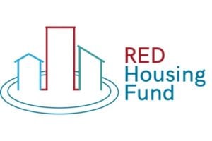 Logo with outlines of three buildings inside a circle and the words "RED Housing Fund" in red and blue text on a white background.