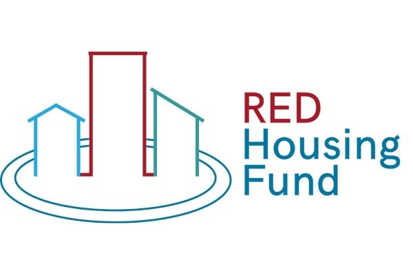 Logo with outlines of three buildings inside a circle and the words "RED Housing Fund" in red and blue text on a white background.