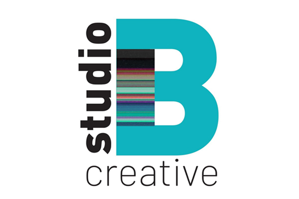 Logo with the word "studio" vertically aligned on the left, a large turquoise letter "B" in the center with colored lines, and the word "creative" below in lowercase letters.