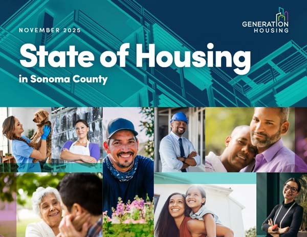 Collage of diverse people and families with text: "State of Housing in Sonoma County, November 2025, Generation Housing" on a blue and teal geometric background.