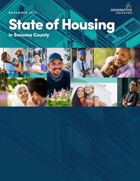 Cover of the "State of Housing in Sonoma County" report, November 2025, featuring diverse people smiling in various settings.