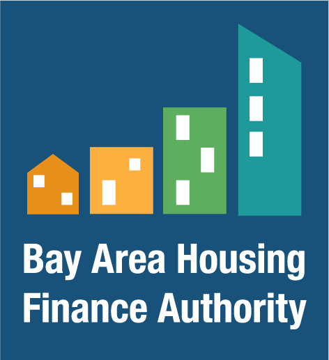 Logo for Bay Area Housing Finance Authority featuring four stylized building icons in orange and green on a blue background, with the organization name in white text below.