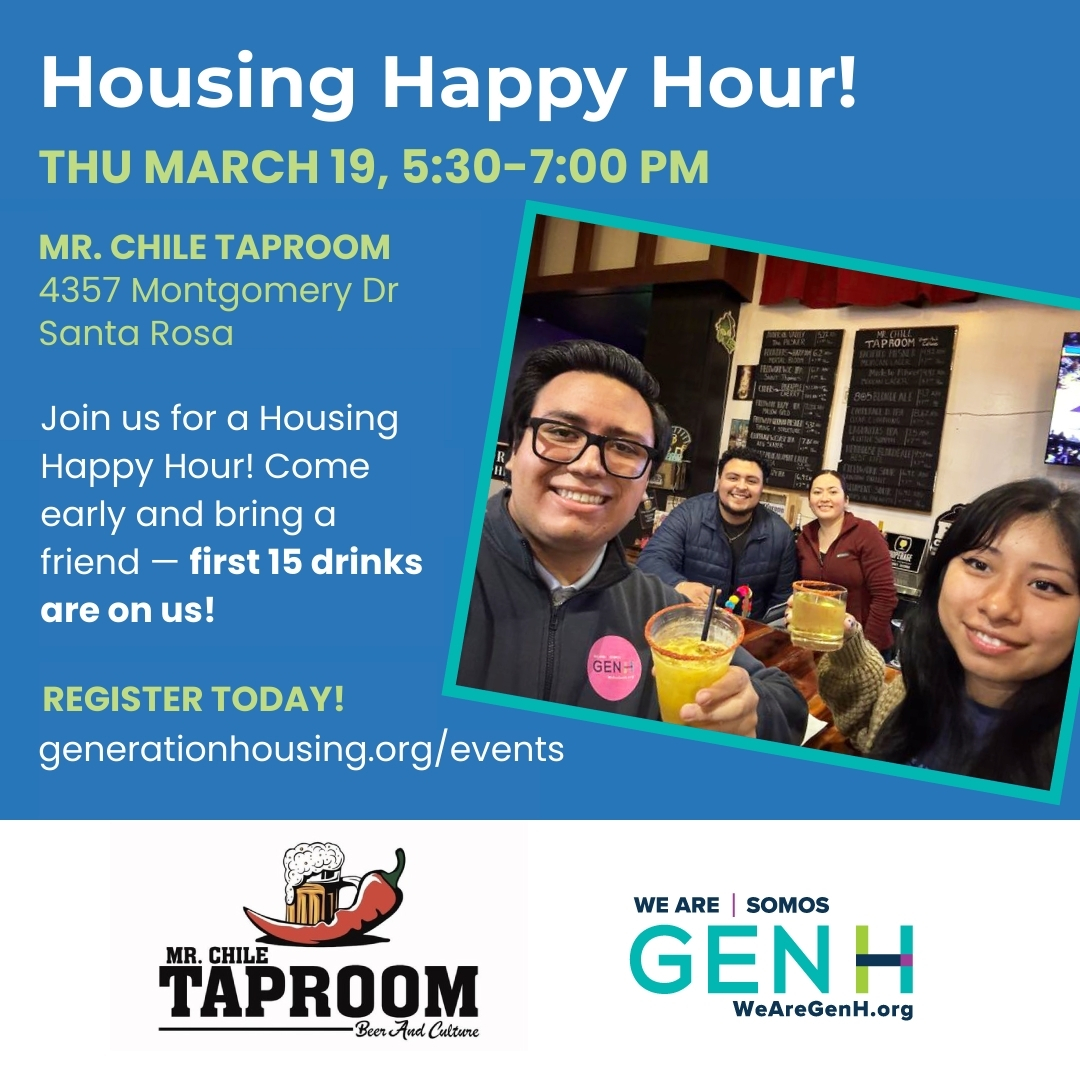 A group of people at Mr. Chile Taproom holding drinks and smiling, promoting a Housing Happy Hour event with free drinks for the first 15 attendees.