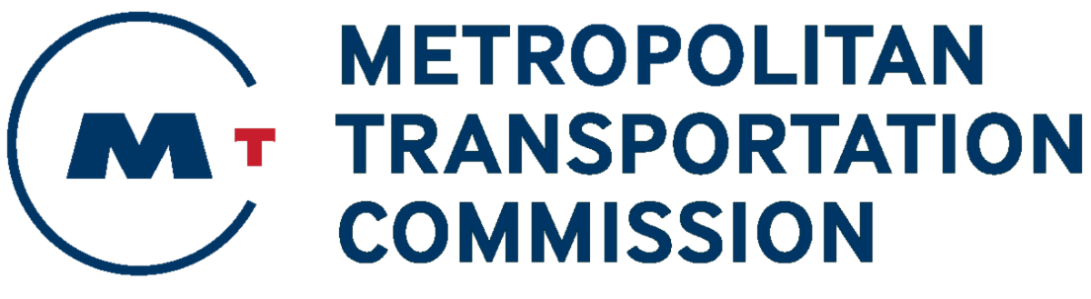Logo of the Metropolitan Transportation Commission featuring a large blue "M" with a small red "T" in a circle, alongside the organization's name in blue text.