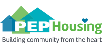 PEP Housing logo with three overlapping house icons and the slogan “Building community from the heart.”.