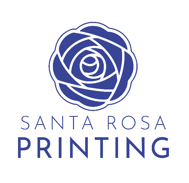 Blue rose logo above the words "Santa Rosa Printing" in capital letters, all on a white background.