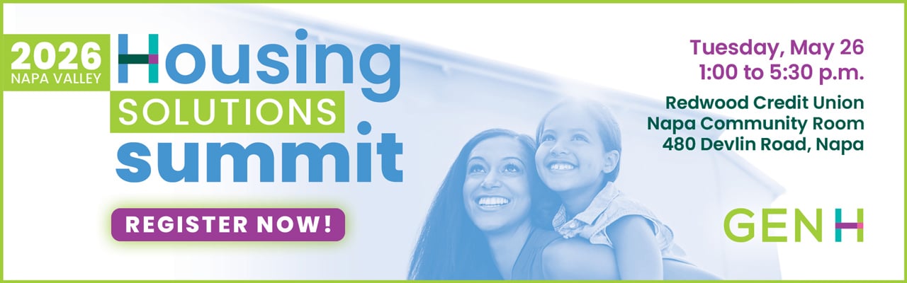 Banner for 2026 Napa Valley Housing Solutions Summit with event details, a woman and child smiling, and a "Register Now!" button.
