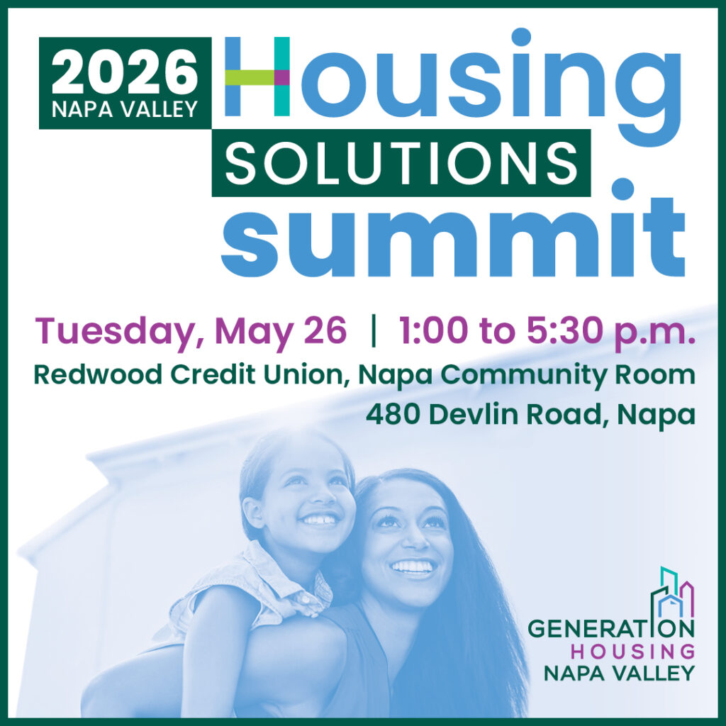 Promotional graphic for the 2026 Napa Valley Housing Solutions Summit with event details and a smiling woman hugging a child.