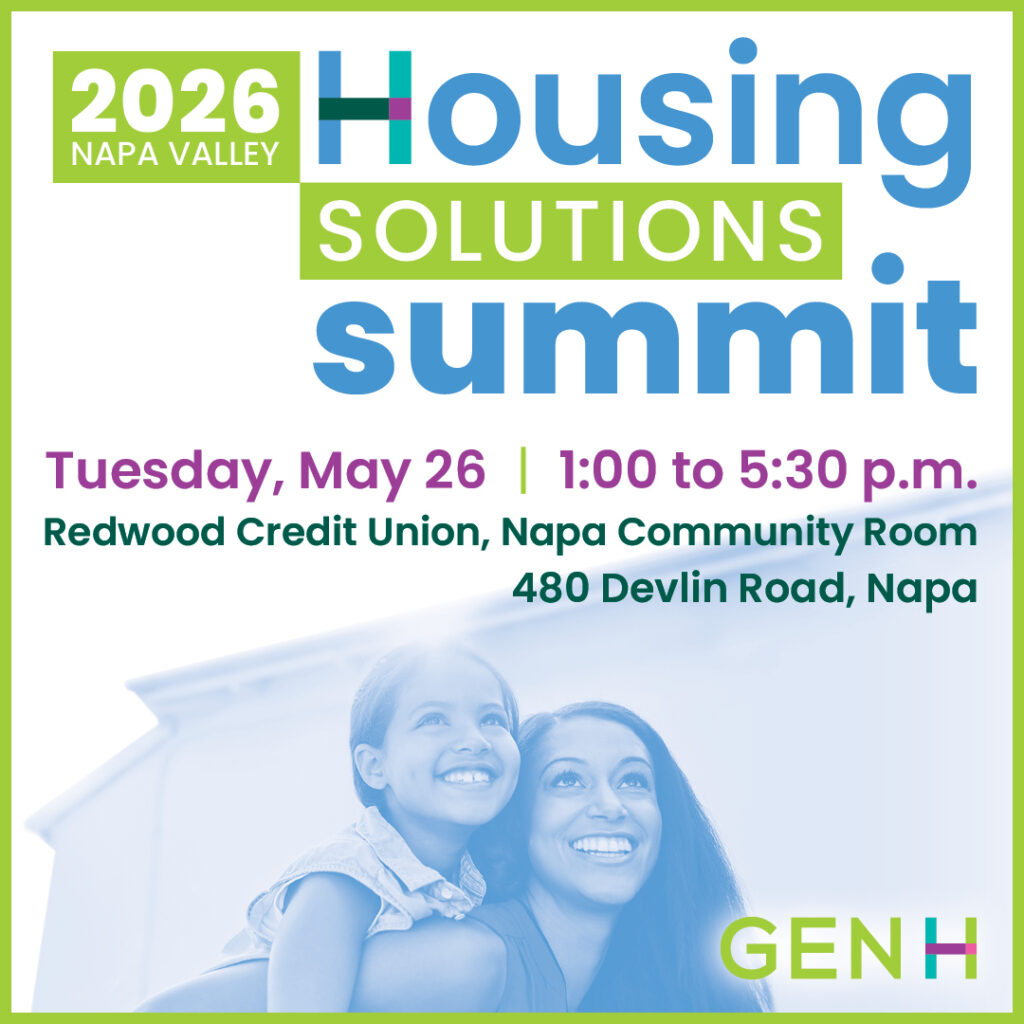 Event flyer for the 2026 Napa Valley Housing Solutions Summit on Tuesday, May 26, 1:00–5:30 p.m., at Redwood Credit Union, 480 Devlin Road, Napa. Includes image of smiling woman and child.