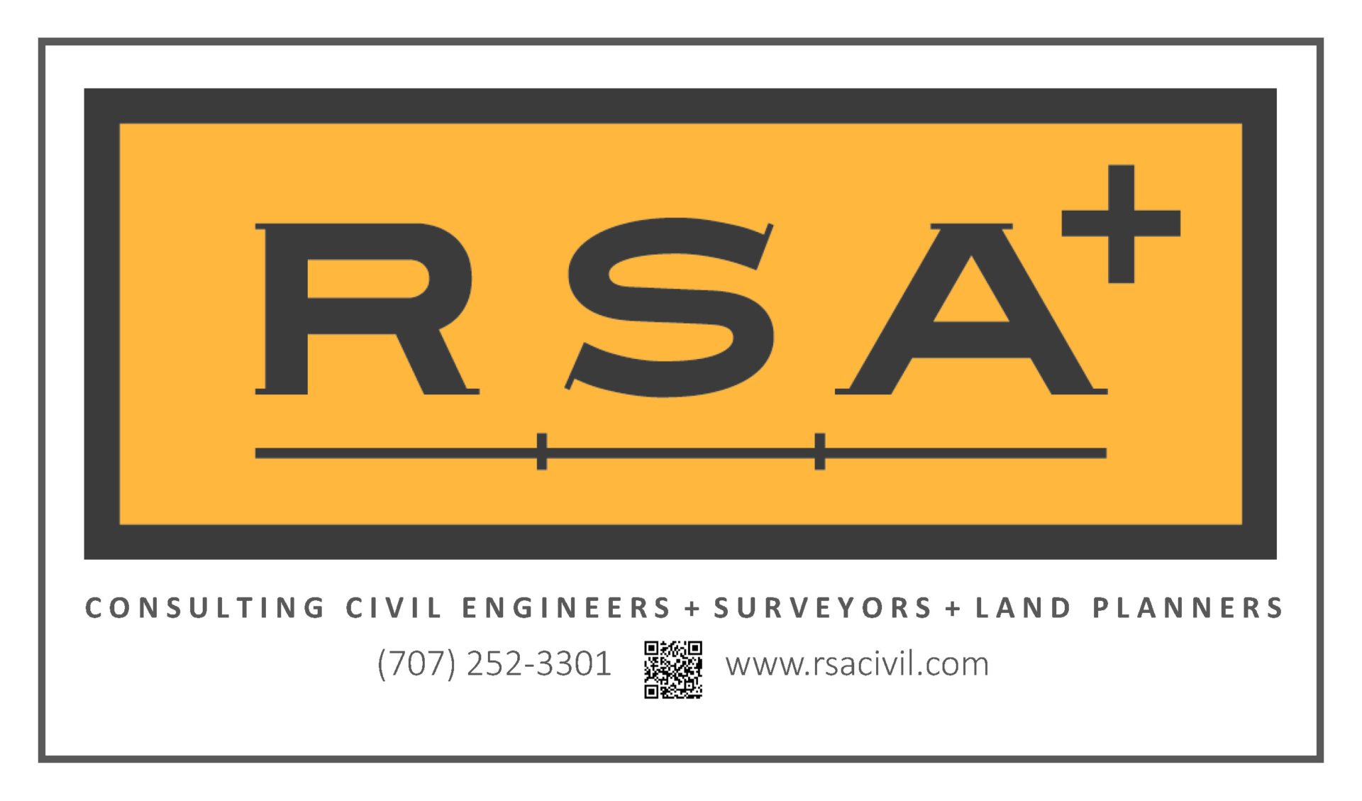 RSA+ logo on an orange rectangle with black border, labeled as consulting civil engineers, surveyors, land planners. Contact info and website below.