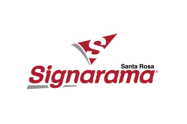 Signarama Santa Rosa logo featuring a red "S" on a triangular pennant above the red word "Signarama" with "Santa Rosa" in black text to the right; white background.