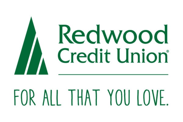 Redwood Credit Union logo with green tree graphic and slogan "For all that you love." displayed below the name.