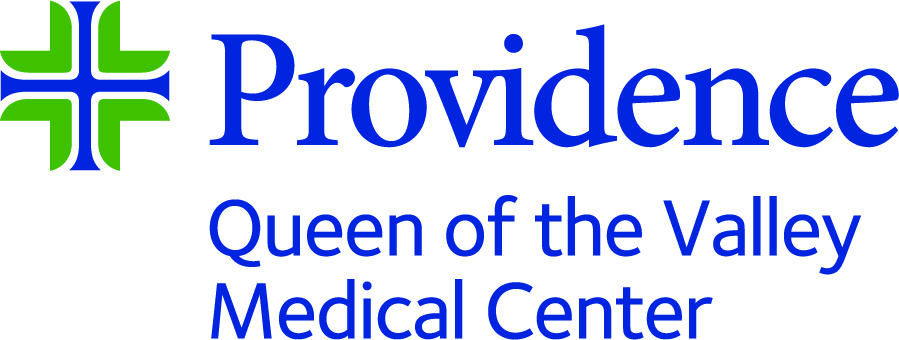 Logo for Providence Queen of the Valley Medical Center, featuring a blue and green cross symbol and blue text displaying the facility's name.