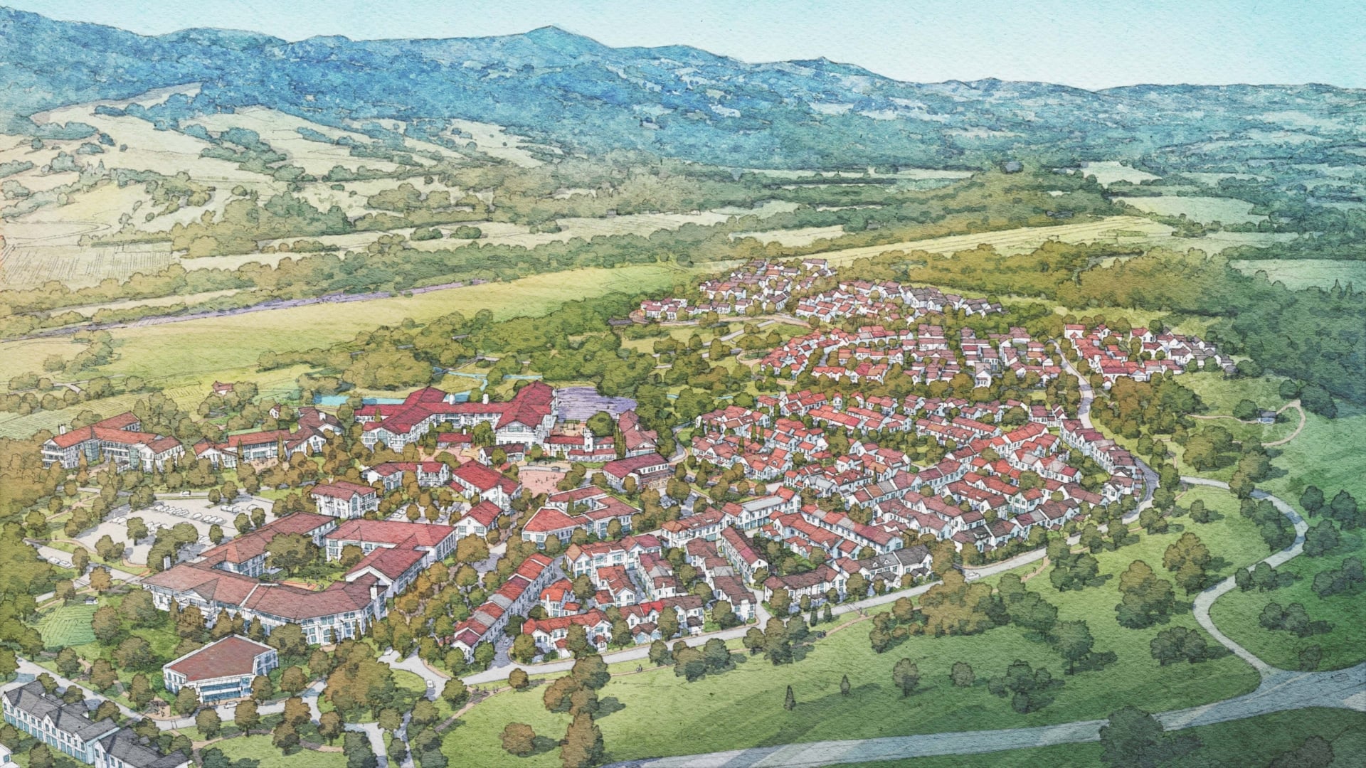 Aerial illustration of a suburban neighborhood with red-roofed houses, green lawns, and trees, set against hills and mountains in the background.