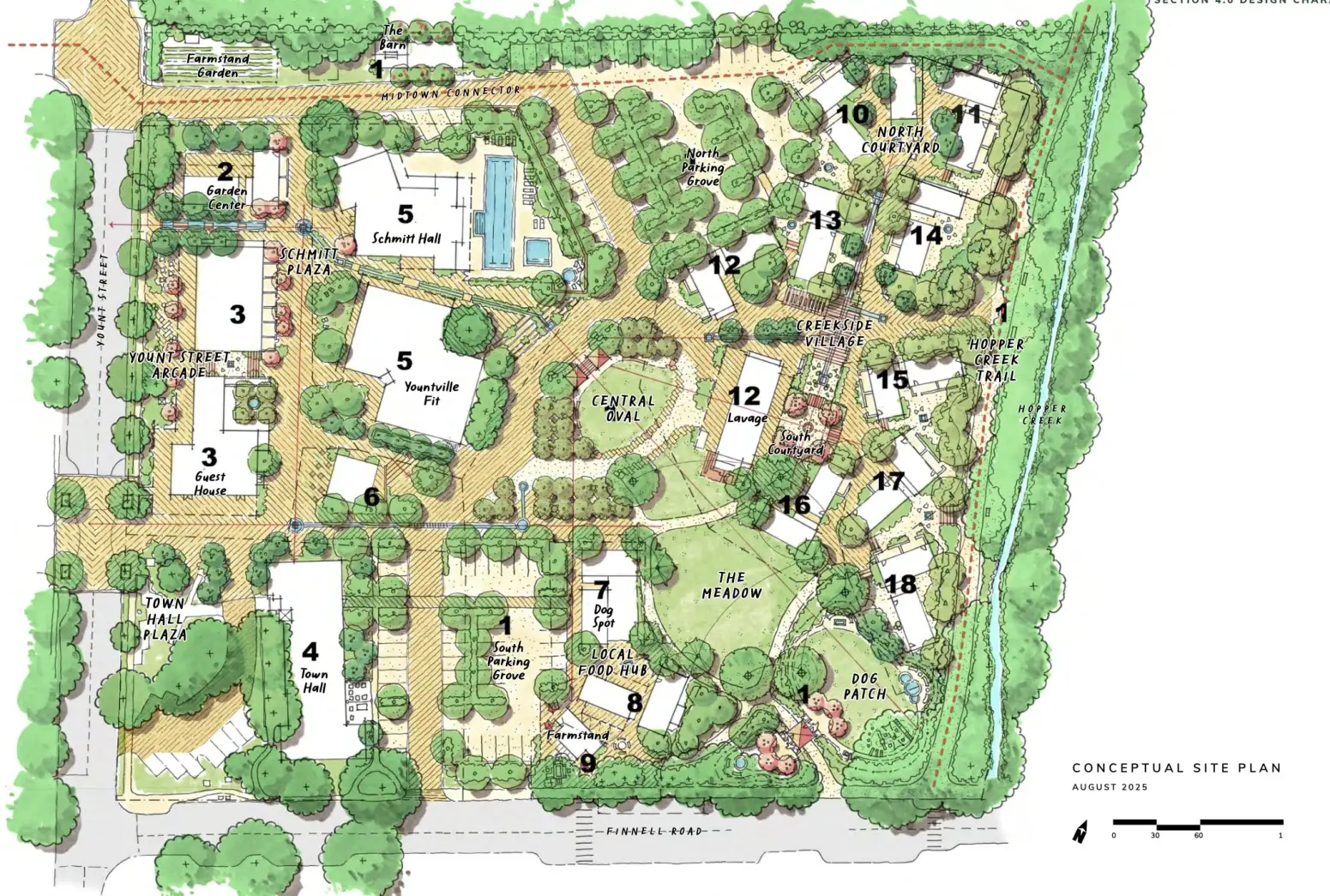 Conceptual site plan showing numbered buildings, pathways, parking areas, green spaces, a pool, garden, and various labeled outdoor amenities surrounded by trees.