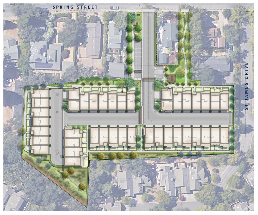 A site plan showing multiple rectangular residential buildings arranged along driveways with green landscaped areas, bordered by Spring Street at the top and St. James Drive on the right.