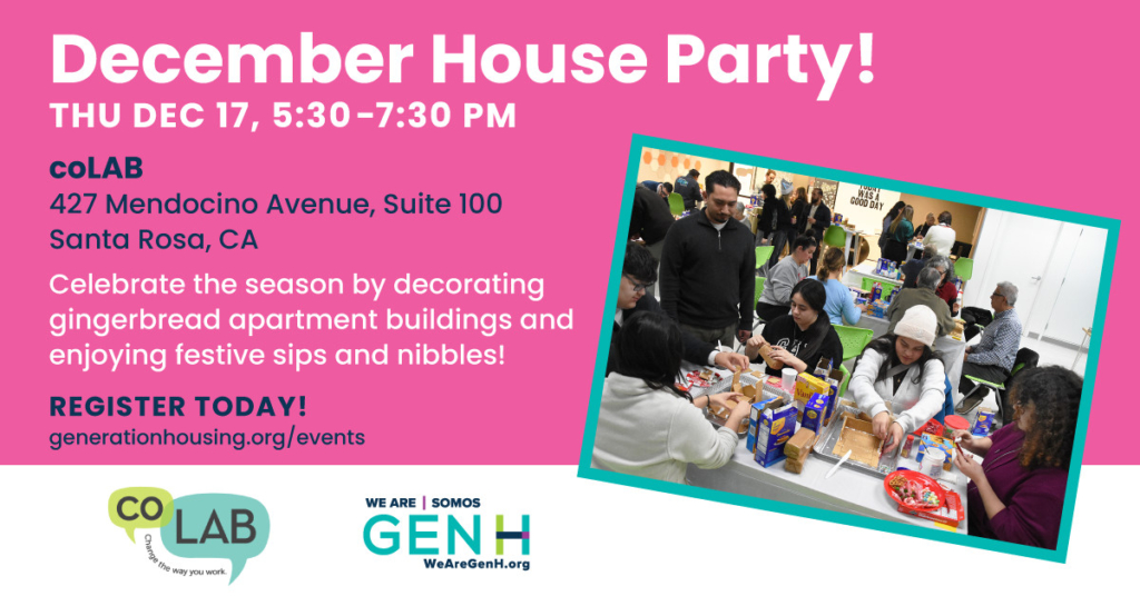 Poster for a December 17th house party at coLAB in Santa Rosa, featuring an inset photo of people decorating gingerbread houses.